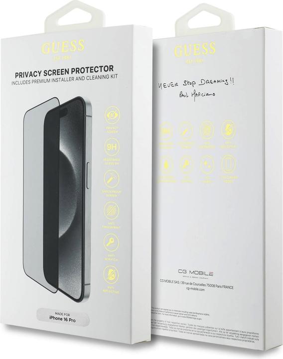 Produktbild Guess SzkÅo hartowane prywatyzujÄ ce Screen Protector Privacy 2.5D Outline na iPhone 16 Pro (Apple iPhone 16 Pro)