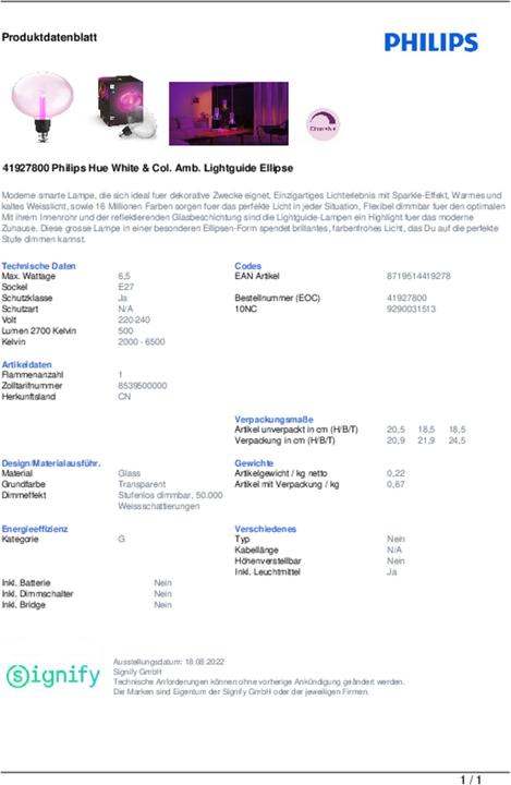 Productafbeelding Philips Hue Tint Ellips (E27, 6.50 W, 500 lm, 1 x, G)