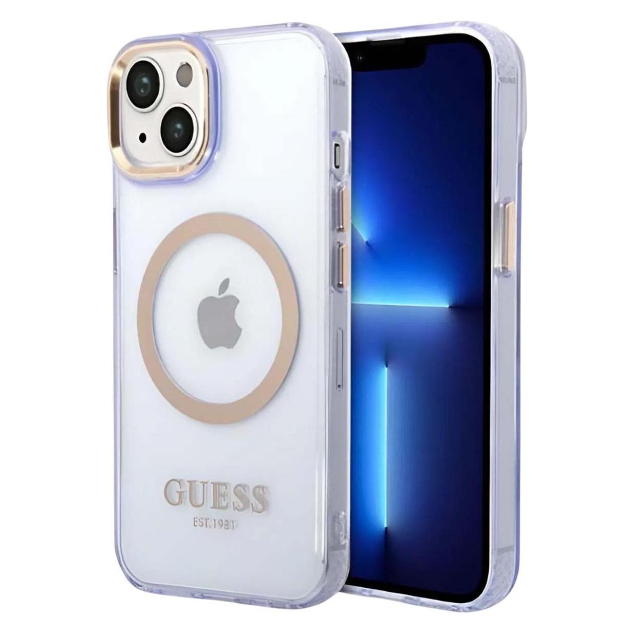 Guess GUHMP14SHTCMU IPhone 14 6, 1" Purpurowy/purple Hard Case Gold Outline Translucent MagSafe (Apple IPhone 14), Smartphone Hülle, Violett,