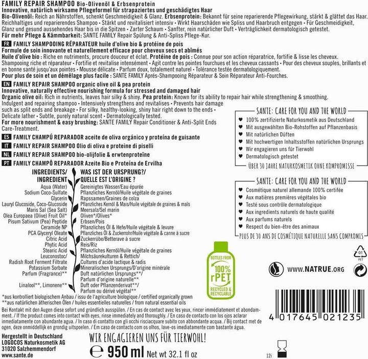 Image du produit Sante Family shampooing réparateur huile d'olive bio et protéine de pois (950 ml, Shampoing liquide)