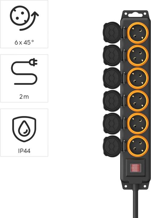 Produktbild Hama Steckdosenleiste, 6-fach, für aussen IP44, Schalter, Wandmontage, 2 m, Schw. (6x, 2 m)