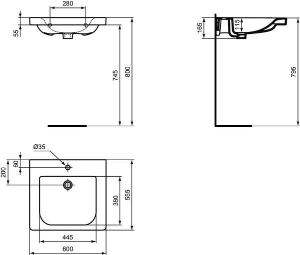 Actual product image Ideal Standard IDS washbasin CONNECT FREEDOM surface-mounted without overflow 600x555x165mm white (555 mm, 600 mm)