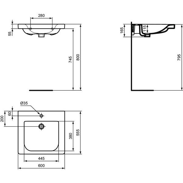Thumbnail - Ideal Standard, Waschbecken, IDS Waschtisch CONNECT FREEDOM ufahrb. o ÜL 600x555x165mm weiss (600 mm, 550 mm)