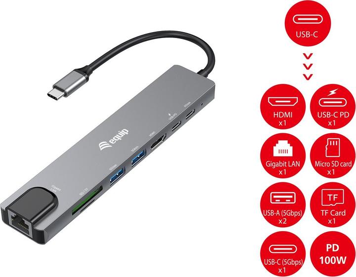 Produktbild equip Adapter USB-C -> HDMI,GbE,3xUSB3.2 Gen1,SD/TF,PD 100W (USB-C, 8 Ports)