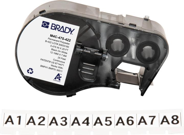 Brady M4C-475-422, Polyester, Schwarz auf weiss, glänzend, 12.07 mm x 7.62 m, permanent, Endlos (1.21 cm)