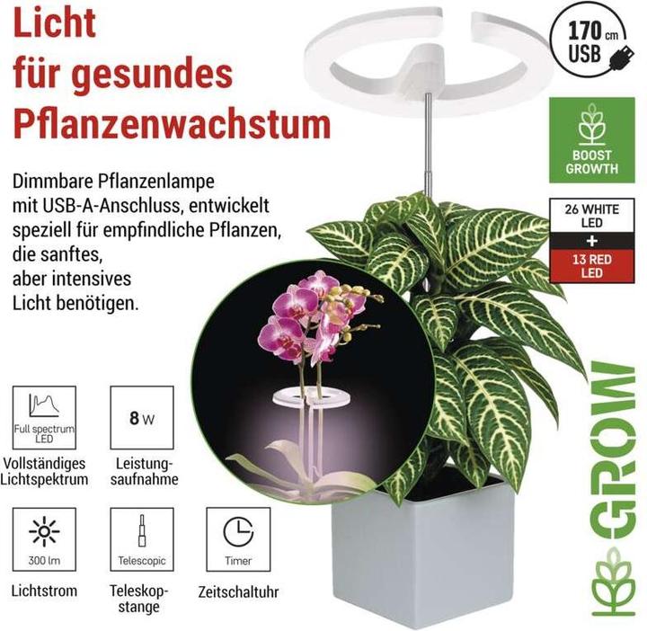 Immagine prodotto Emos Pflanzenlampe LED Vollspektrum, 39 LEDs, für Innenräume, mit Zeitschaltuhr, dimmbar (LED, 5 V)