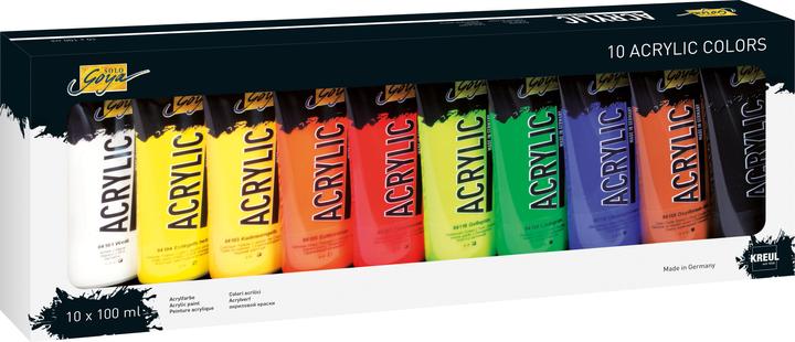 Produktbild Solo Goya Acrylic 10er Set (Schwarz, Ultramarinblau, Gelbgrün, Oxydbraun, Laubgrün, Echter Orange, Weiss, 1000 ml)