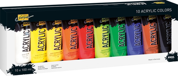 Produktbild Solo Goya Acrylic 10er Set (Schwarz, Weiss, Echtorange, Ultramarinblau, Oxydbraun dunkel, Gelbgrün, 1000 ml)