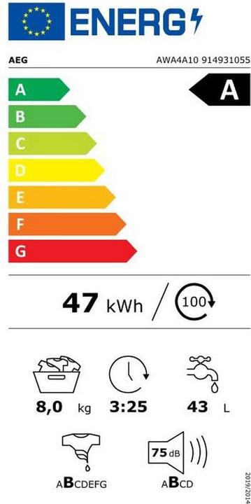 Energie-Label AEG by Electrolux Waschmaschine AWA4A10 Links, Einsatzort: Einfamilienhaus (8 kg, Links)