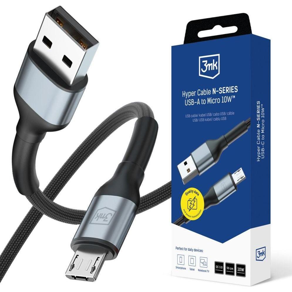 3MK Hyper Cable N-SERIES A to Micro 50cm QC 3.0 5V/2A 10W Black (0.50 m, 10 W), Cavo USB