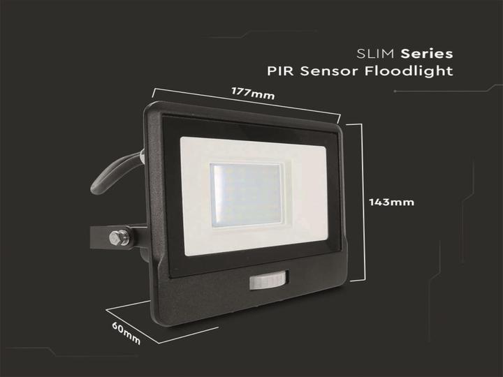 Actual product image V-TAC VT138S1 30W LED PIR Sensor Floodlight SAMSUNG Chip Black Body 3000K 1M Cable (2340 lm, IP65)