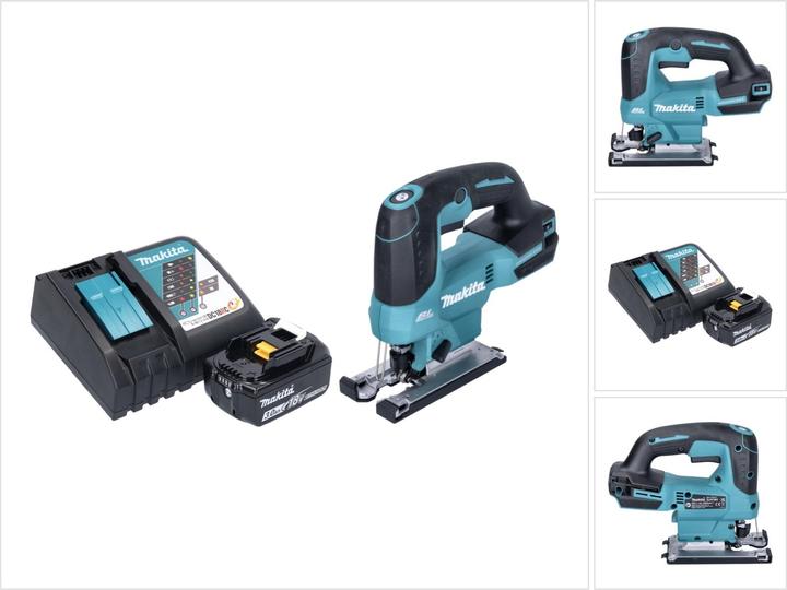 1x Makita DJV 184 cordless pendulum action jigsaw, 1x sliding block plastic, 1x jigsaw blade B-50 wood, 1x Makita BL 1830 B 18 V 3.0 Ah rechargeable battery, 1x Makita DC 18 RC rechargeable battery quick charger