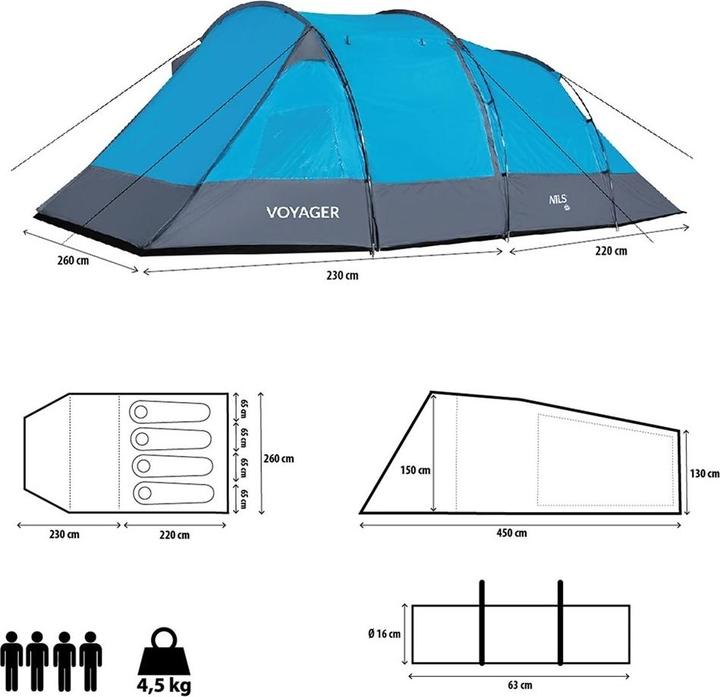 Produktbild Nils Nc3027 Voyager Camp Campingzelt (4.50 kg, 4 Personen)