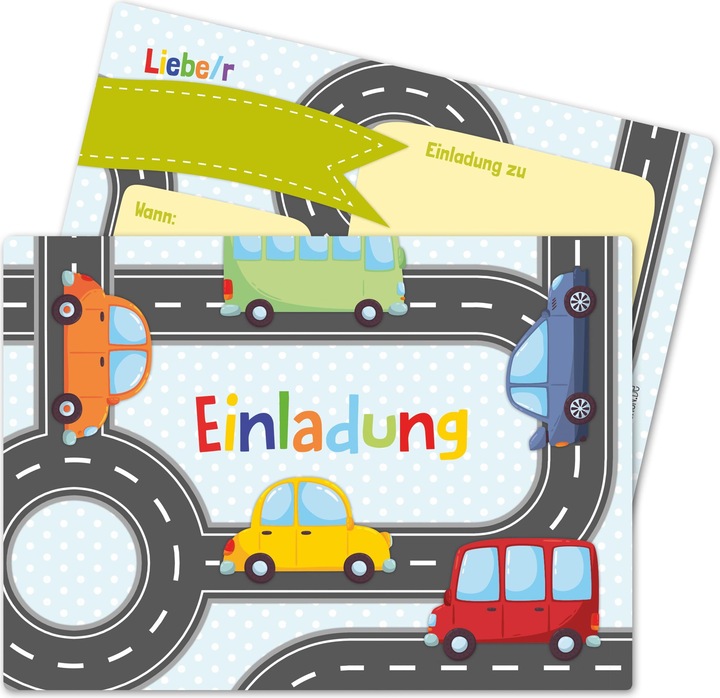 Produktbild Papierdrachen 12 Einladungskarten zum Geburtstag – Autos (12 Stk.)