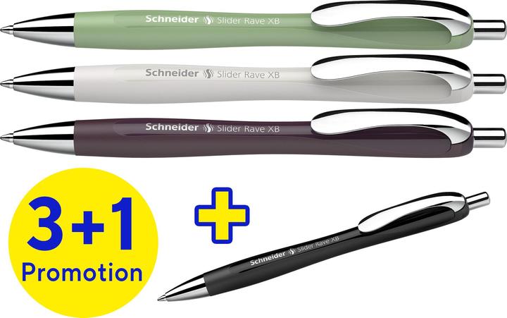 Productafbeelding Schneider 3 + 1 GRATIS: Kugelschreiber Slider Rave XB farbsortiert, Schreibfarbe: blau, 3 St. + GRAT (Grijs-zilver, Groen, Pruim, Zwart, 1 x)