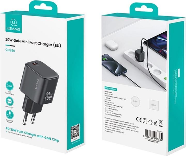 Actual product image Usams CC260 20W GaN Mini Fast Charger (EU) - JC Series - Black (20 W)