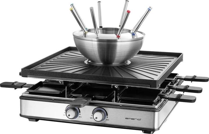 Emerio Gril à raclette,8 poêlons,plaque de gril,fondue