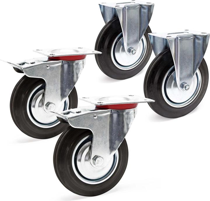 Produktbild Wiltec Transportrolle Set 2x Doppelstopp-Lenkrolle 2x Bockrolle Vollgummi 200mm 150kg