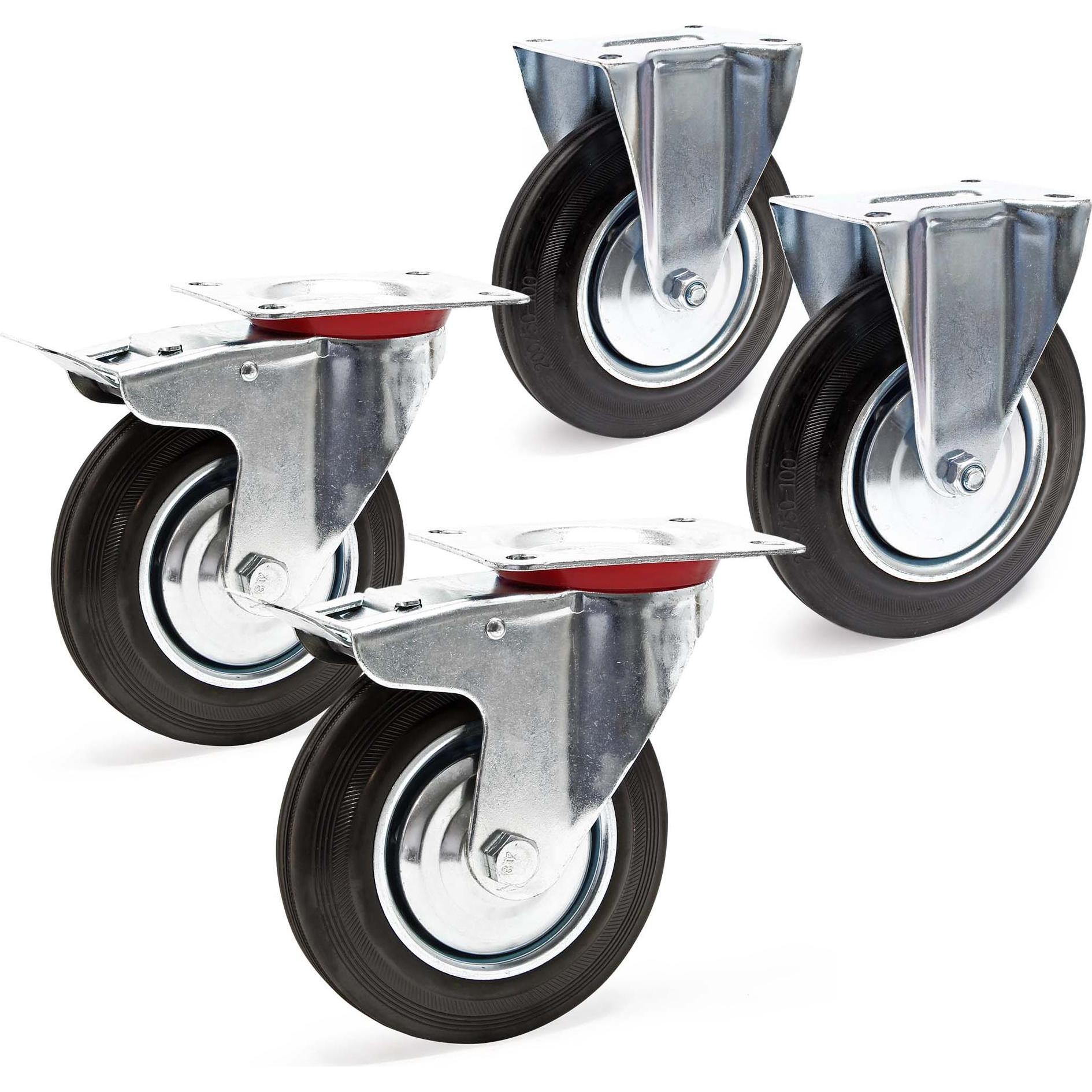 Wiltec, Möbelrollen, Transportrolle Set 2x Doppelstopp-Lenkrolle 2x Bockrolle Vollgummi 200mm 150kg