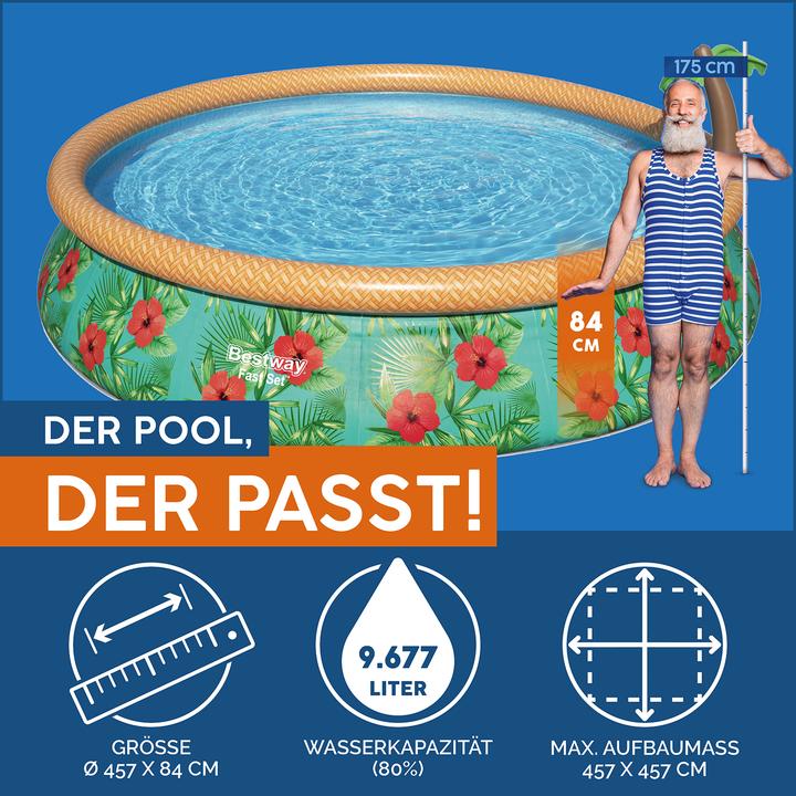 Produktbild Bestway - Fast Set - Opblaasbaar zwembad inclusief filterpomp - 457x84 cm - Paradijsprint - Rond (457 x 84 cm)