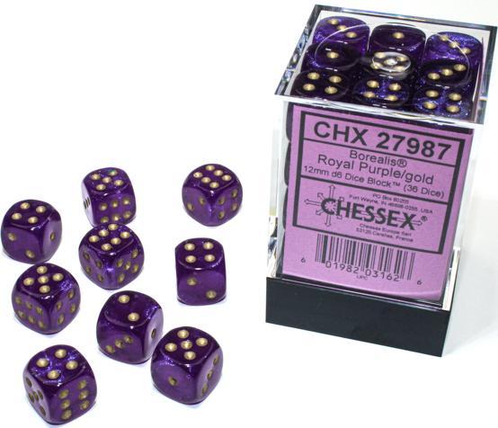 Chessex Borealis® 12mm d6 Royal Purple/gold Luminary Dice Block (36 dice)