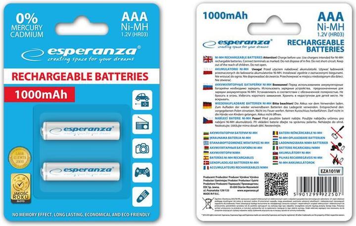 Produktbild Esperanza EZA101W WIEDERAUFLADBARE BATTERIEN Ni-MH AAA 1000MAH 2PCS. - WEISS (2 Stk., AAA, 1000 mAh)