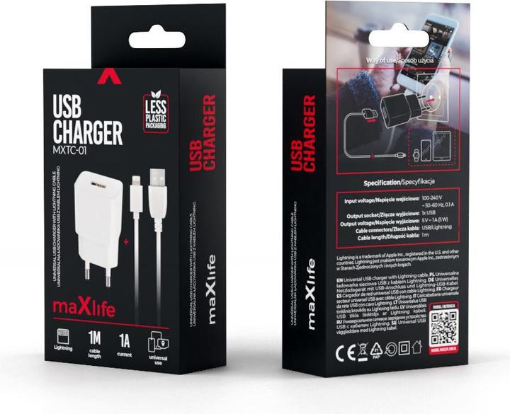 Image du produit Maxlife MXTC-01 chargeur 1x USB 1A blanc + câble Lightning (5 W, 1 portion)