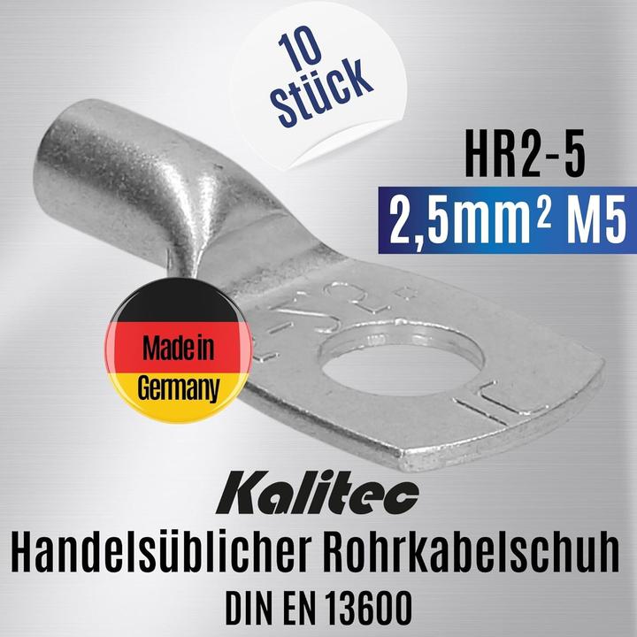 Produktbild Kalitec 10 Stück HR2-5 Handelsübliche Rohrkabelschuhe 2,5mm² M5 I ohne Sichtloch I Made in Germany