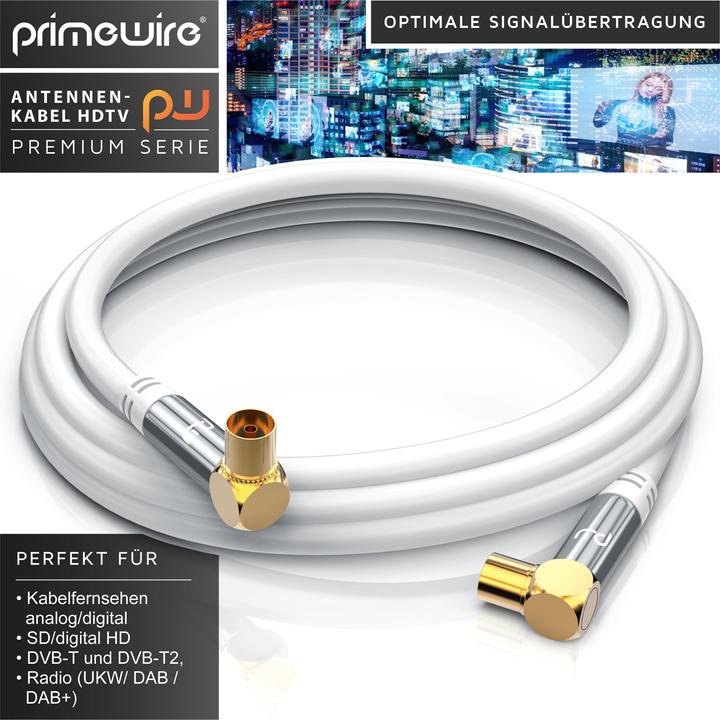 Image du produit Primewire Antennenkabel 90° gewinkelt | HDTV Premium Koaxialkabel 135dB / 75 Ohm | FullHD / 4k Ultra HD (135 dB, Câble d'antenne)