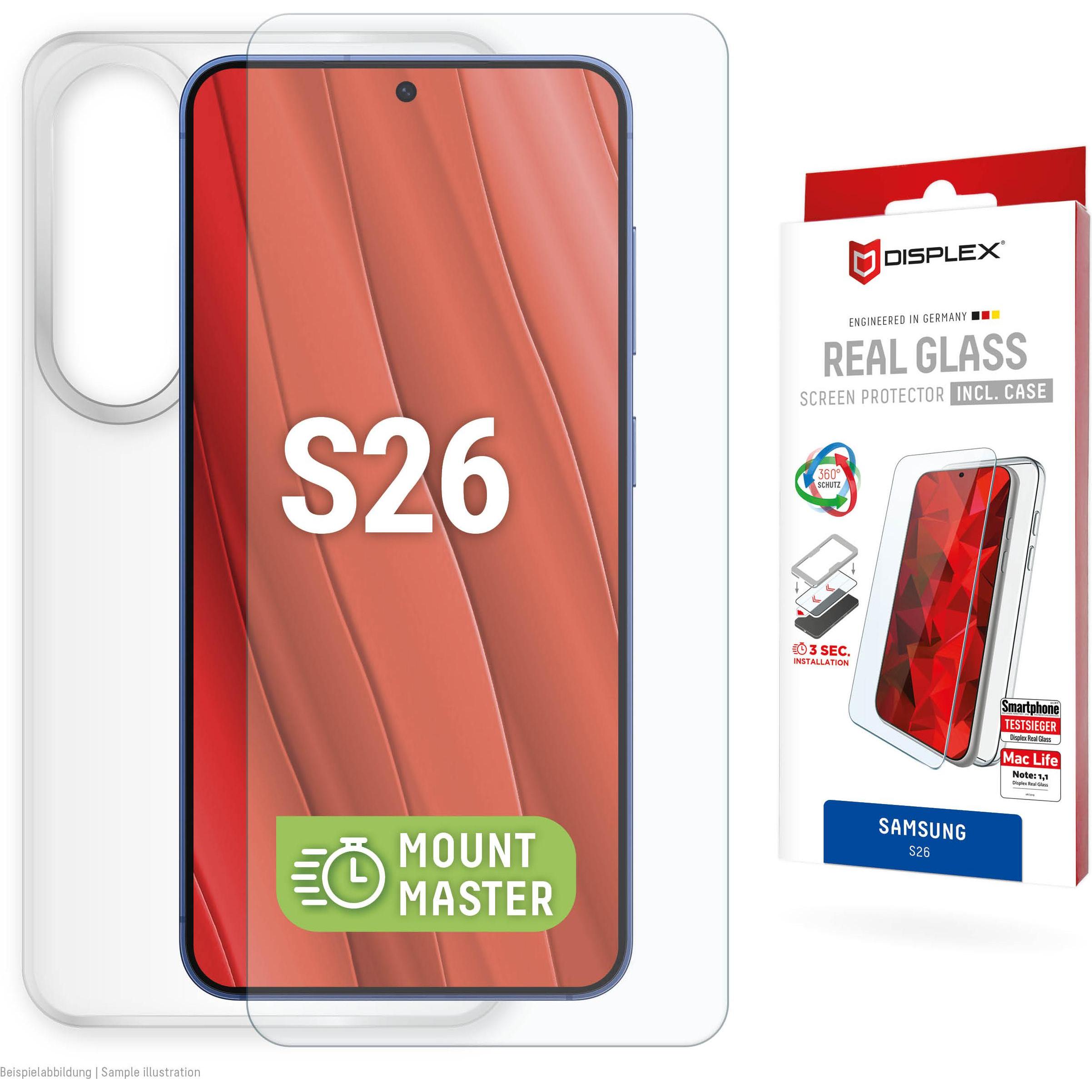 Displex Real Glass, 2D Panzerglas + Handyhülle, MountMaster (1 pz., Samsung Galaxy S26), Pellicola protettiva smartphone, Trasparente
