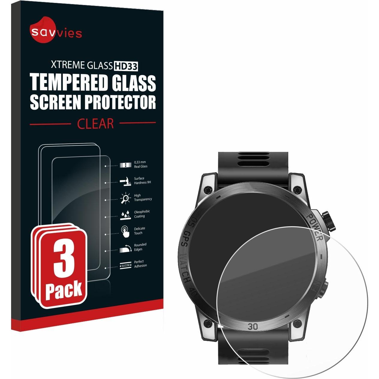 Savvies Panzerglas Schutzglas Displayschutz, Smartwatch Schutzfolie, Transparent