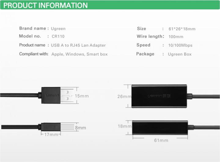 Produktbild Ugreen USB-A 2.0 zu 100Mbps Ethernet Adapter (USB 2.0, RJ45 (1x))