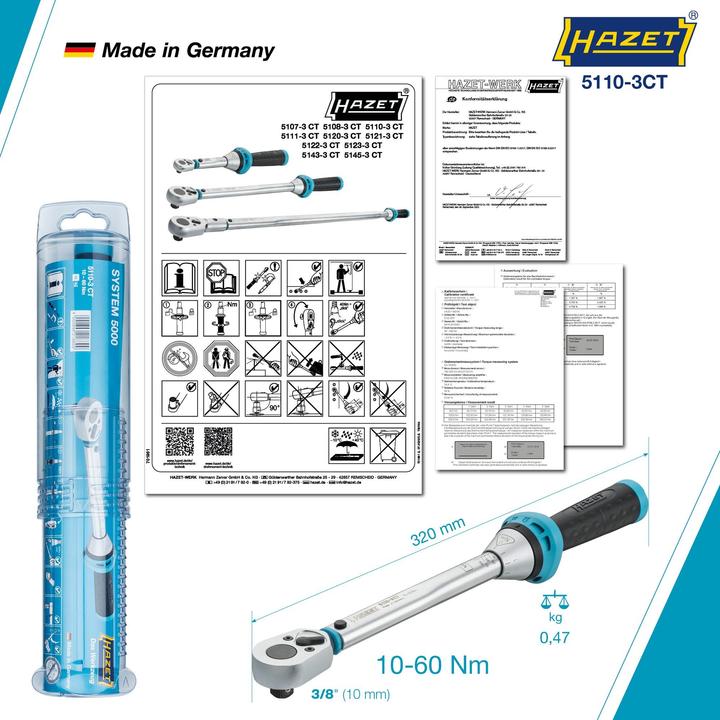 Immagine prodotto HAZET Chiave dinamometrica 5110-3CT ∙ Nm min-max: 10 - 60 Nm ∙ Tolleranza: 3% ∙ Attacco quadro, mas… (3/8", 10 Nm, 60 Nm)