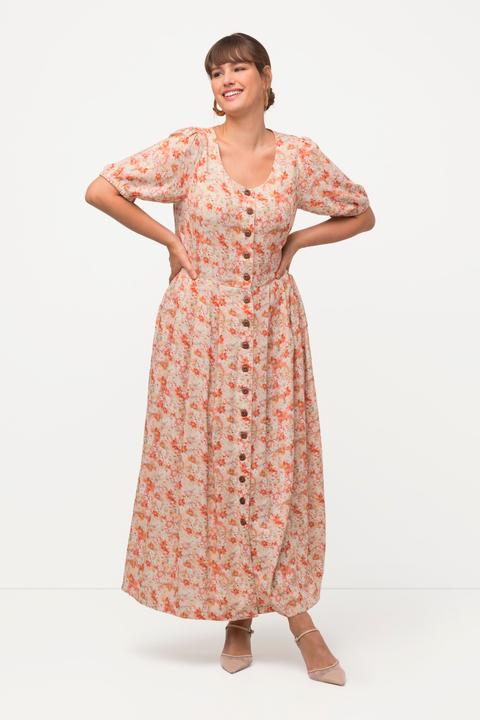 Immagine prodotto Ulla Popken Abito in misto lino in stile Tracht con fiori, scollo a girocollo e mezze maniche (46)