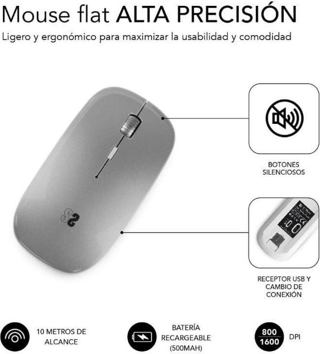 Actual product image Subblim Raton Dual Flat Rate Mouse Silver Rechargeable (Wireless)