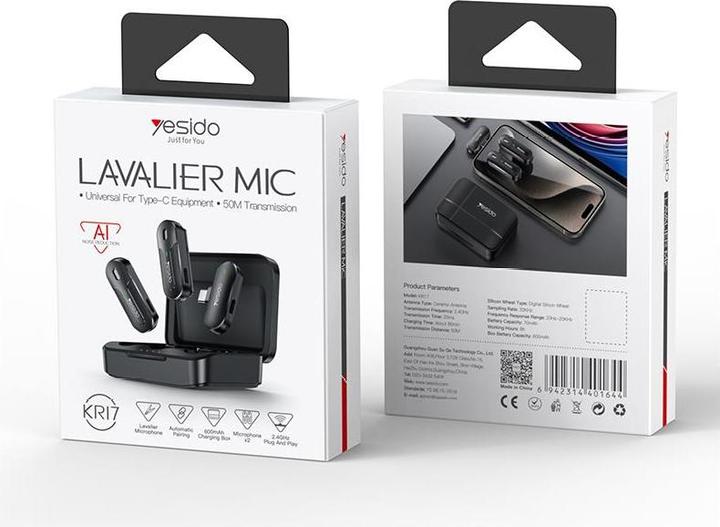Produktbild Yesido - Lavalier Microphone 2in1 (KR17) - Type-C, 70mAh, Wireless, 2.4GHz - Black