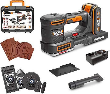 1 x oplader, 1 x batterij, 1 x etui, 1 stofafzuigadapter, 1 perforator, 1 x roterende schuurplaat, 1 x 3schuurpapier, 1 x nokkenslijpplaat, 1 x schuurvel, 3 x vingereind schuurvel, 1detail schuurplaat, 3 x gebogen slijpblad 1 stofzak, 1-vinger schuurplaat 1 x finish schuurplaat, 1 x multifunctionele schuurmachine, 3 x detail, 1 stofafzuiging adapterhuls