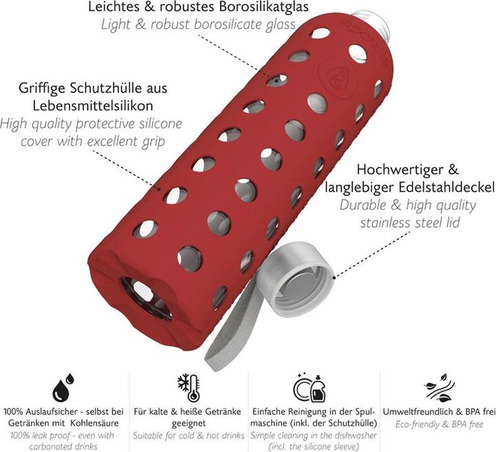 Produktbild Spottle Glasflasche mit Silikonhülle von rot 1Liter (1 l)