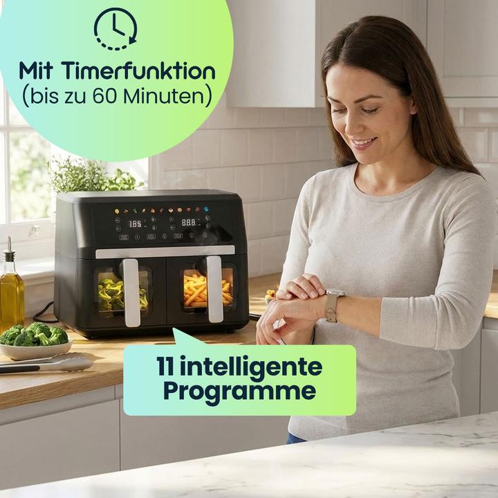 Produktbild Casativo Doppelkorb Heissluftfritteuse 9L Dual Zone Air Fryer – 2x 4,5L Körbe mit Sichtfenster 2400W – LED To