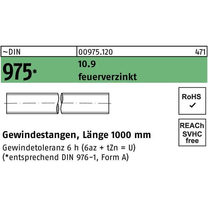 Zubehör Befestigungstechnik, Gewindestange DIN 975 M 20 x 1000mm 10.9 feuerverzinkt