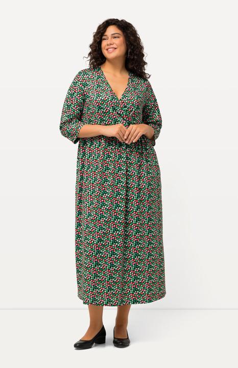 Image du produit Ulla Popken Robe en jersey, effet cache-coeur. Imprimé points multicolores. Col en V et manches 3/4. (54)