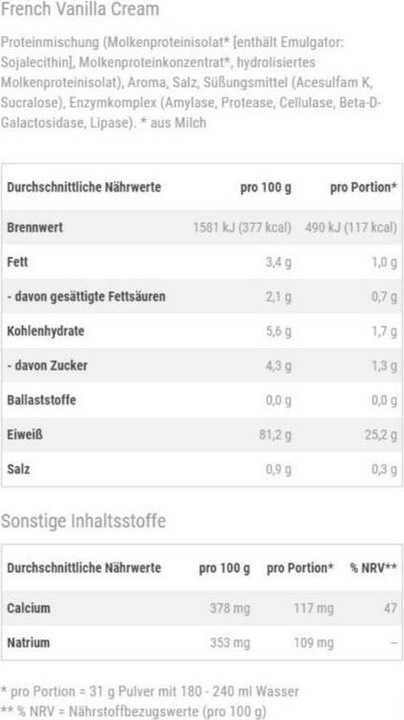 Nährwerte und Zutaten Optimum Nutrition Gold Standard 100% Whey (French Vanilla Crème, 1 Stk., 896 g)