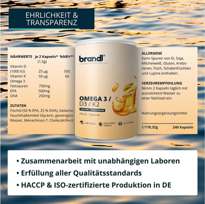 Nutritional values and ingredients Brandl Omega 3/D3/K2 (120 Piece, Capsules, 100 g)