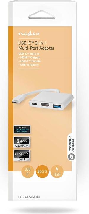 Actual product image Nedis USB Multi-Port Adapter | USB 3.2 Gen 1 | USB-C™ Plug | HDMI™ Output / USB-A Jack / USB-C (USB-C, 3 Ports)