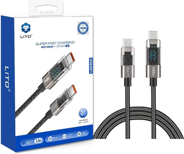 Image du produit Lito - Data Cable (LD09) - Lightning to Type-C, 100W High Speed Charging, LED Display, 1.2m - Black (1.20 m, 100 W)