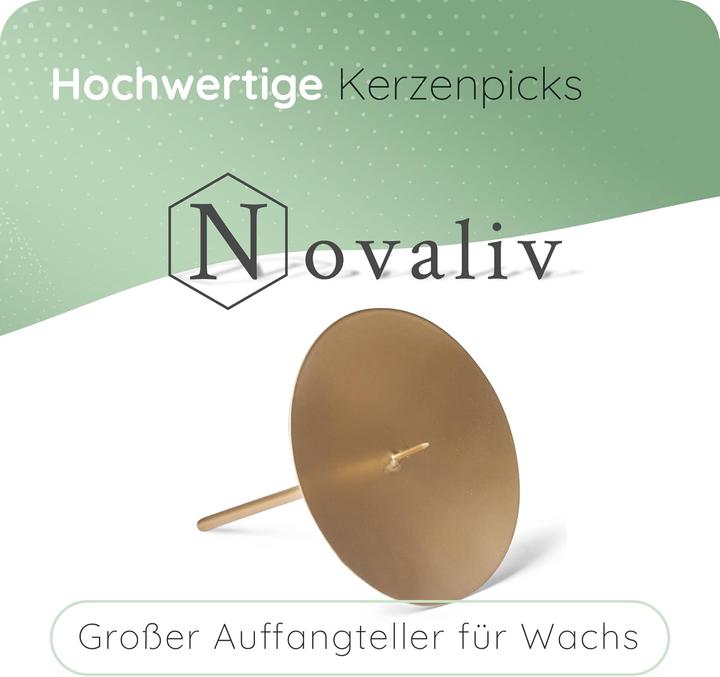 Produktbild Novaliv 4x Kerzenpick mit Dorn 10cm GOLD Kerzenpick Metall rund für Adventskranz Kerzenständer