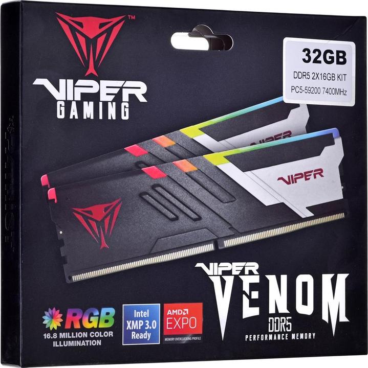 Productafbeelding Patriot DDR5 2x16GB VIPER VENOM 7400MHz RGB (2 x 16GB, 7400 MHz, DDR5 RAM, DIMM 288 pin)