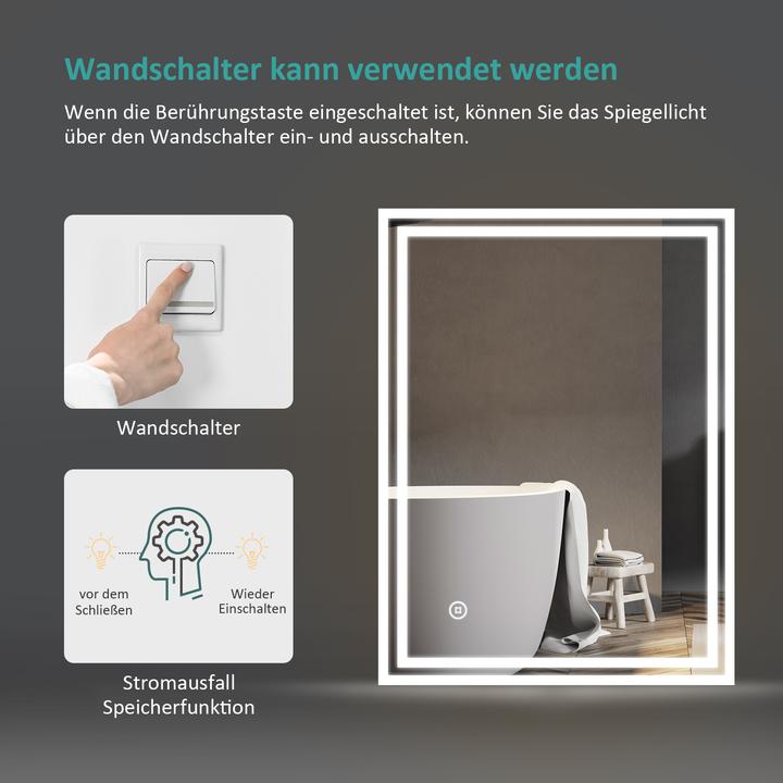 Produktbild Emke Badspiegel mit Beleuchtung 70*50cm,Beschlagfrei, Kaltweiss6500K, Dimmbar, Touch Schalter
