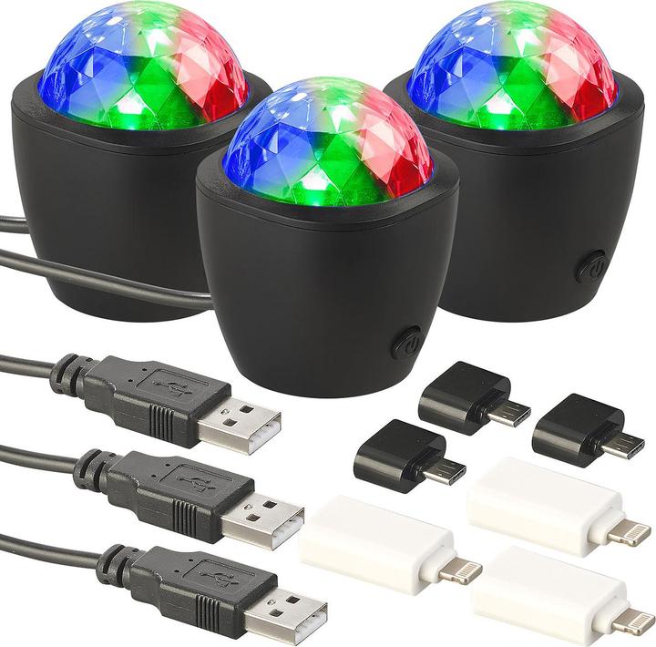 Lunartec 3er-Set Mini-RGB-Disco-Licht, Akustik-Sensor, USB- & iPhone-Anschluss