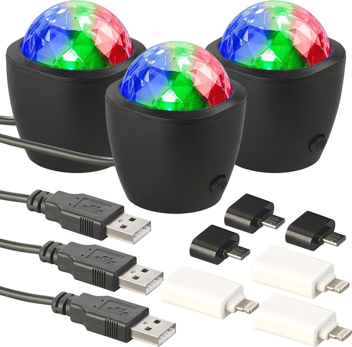 Actual product image Lunartec Set of 3 Mini RGB Disco Light, Acoustic Sensor, USB & iPhone Connection